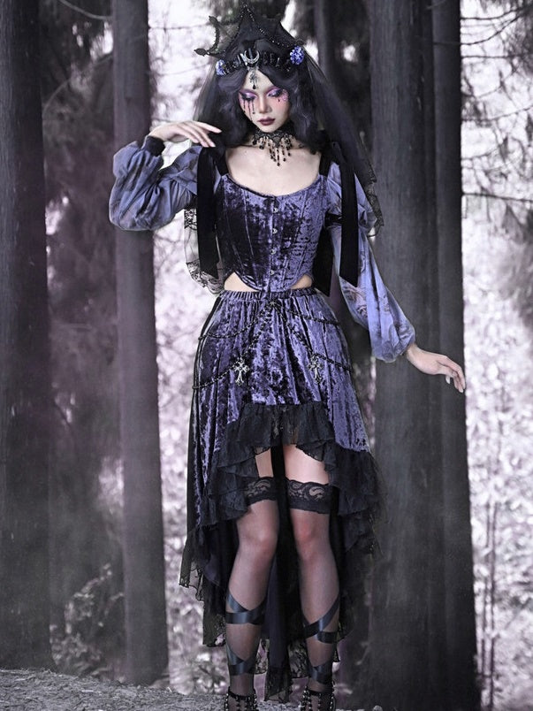 Gothic Velvet Ballon-Sleeve Showder-Ribbon Bluse