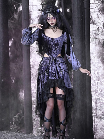 Gothic Velvet Balloon-Sleeve Shoulder-Ribbon Blouse