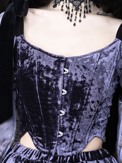 Gothic Velvet Balloon-Sleeve Shoulder-Ribbon Blouse