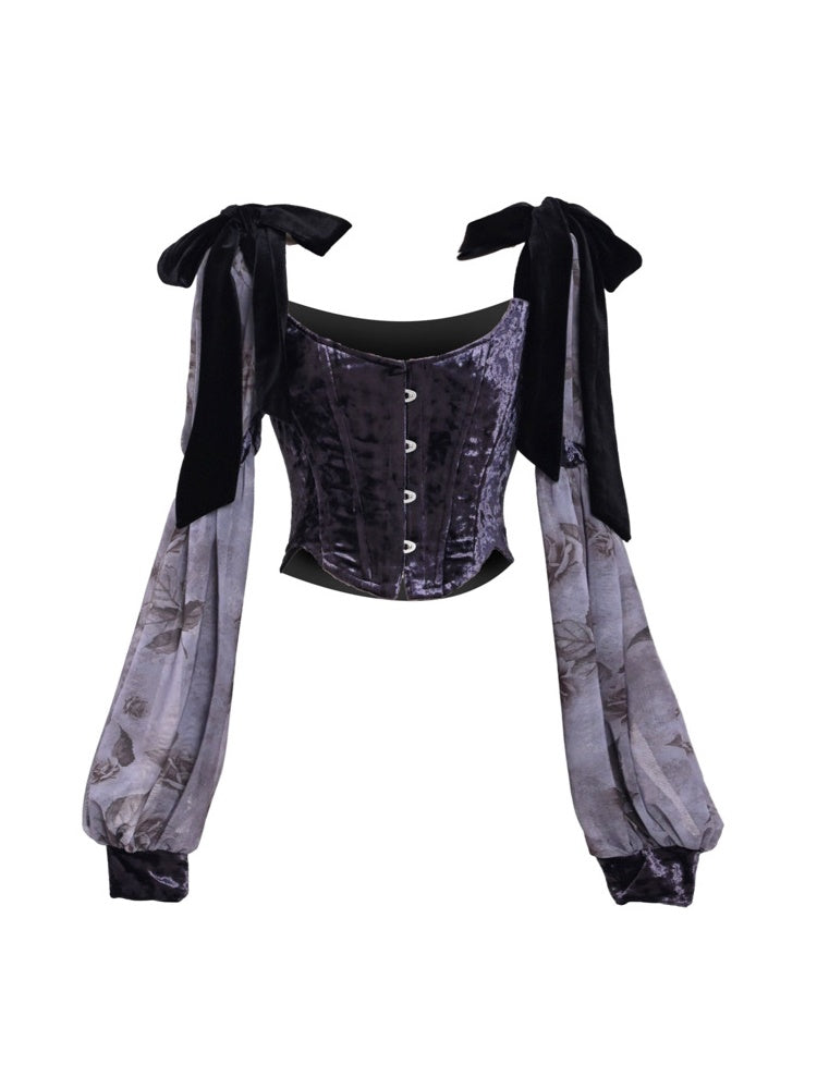 Gothic Velvet Ballon-Sleeve Showder-Ribbon Bluse