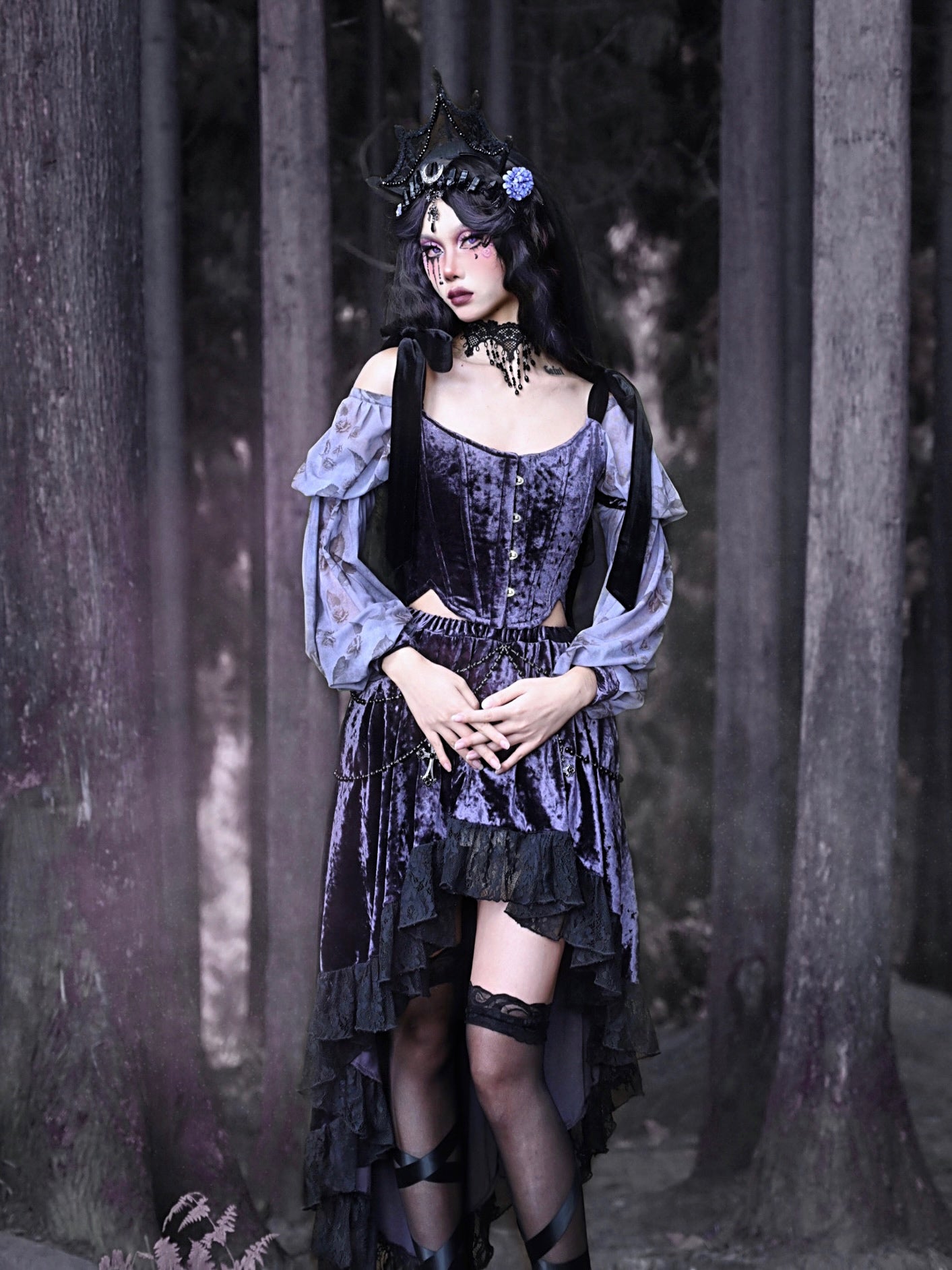 Gothic Velvet Balloon-Sleeve Shoulder-Ribbon Blouse