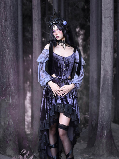 Gothic Velvet Ballon-Sleeve Showder-Ribbon Bluse