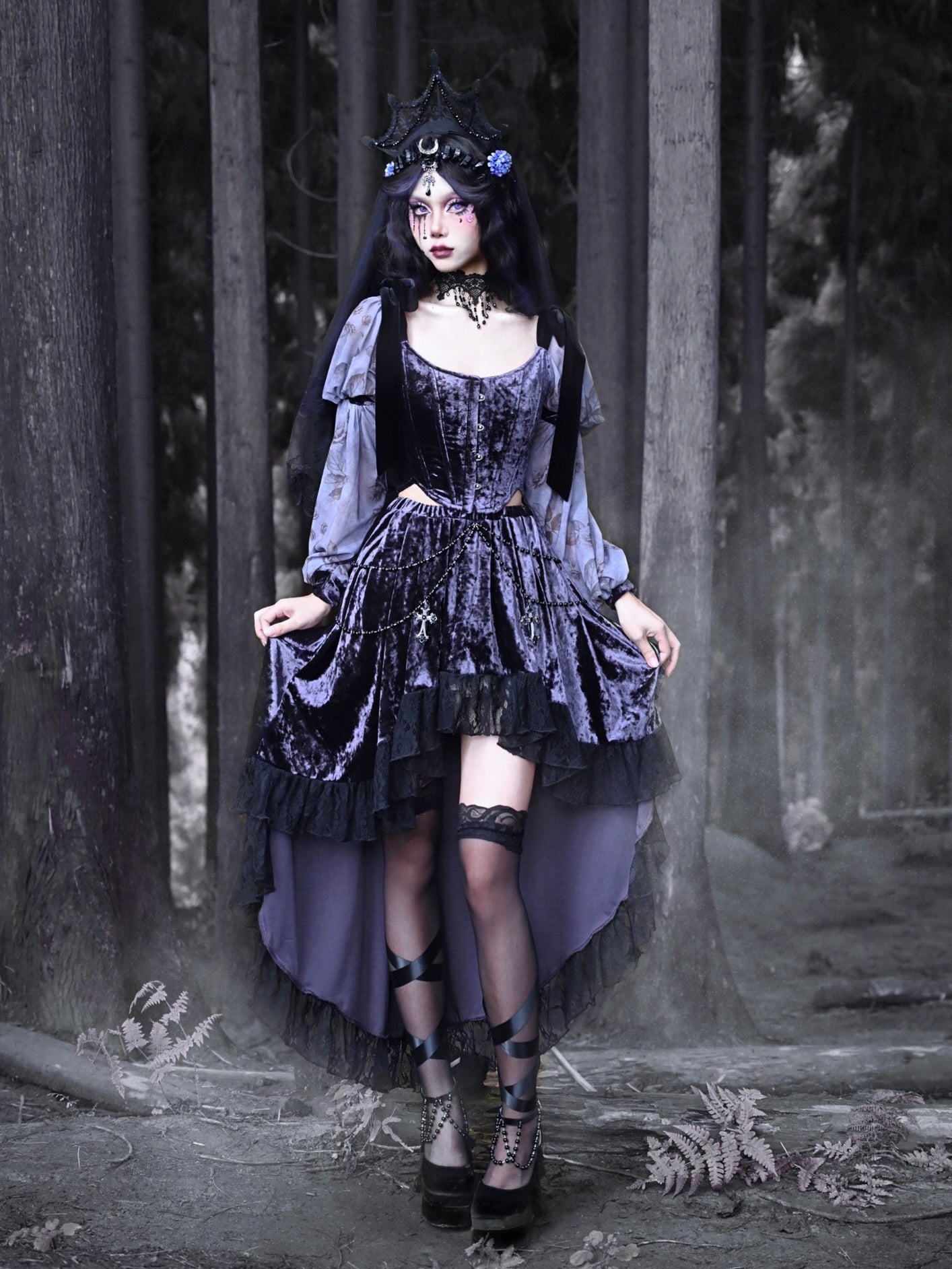 Gothic Velvet Balloon-Sleeve Shoulder-Ribbon Blouse