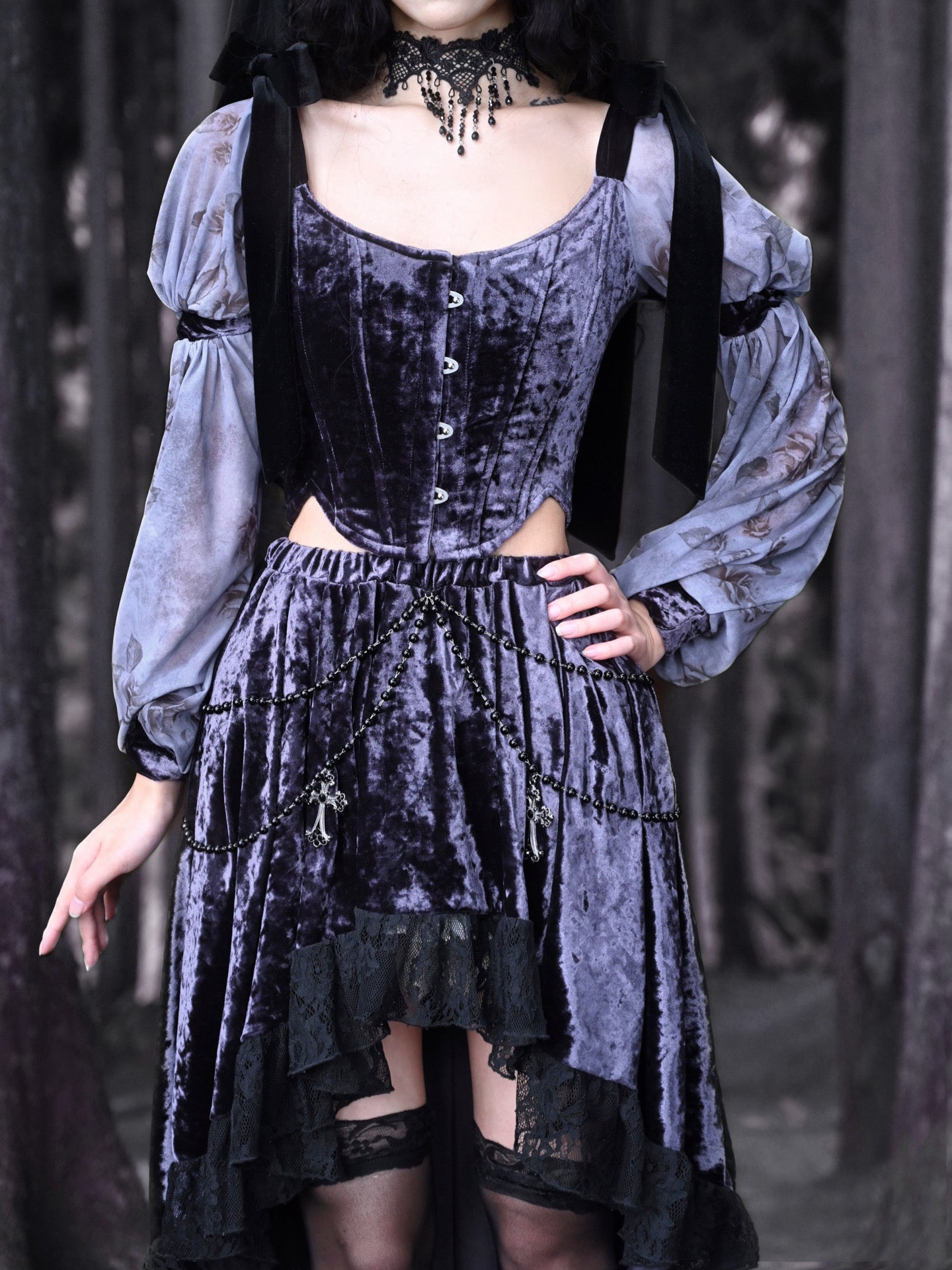 Gothic Velvet Ballon-Sleeve Showder-Ribbon Bluse