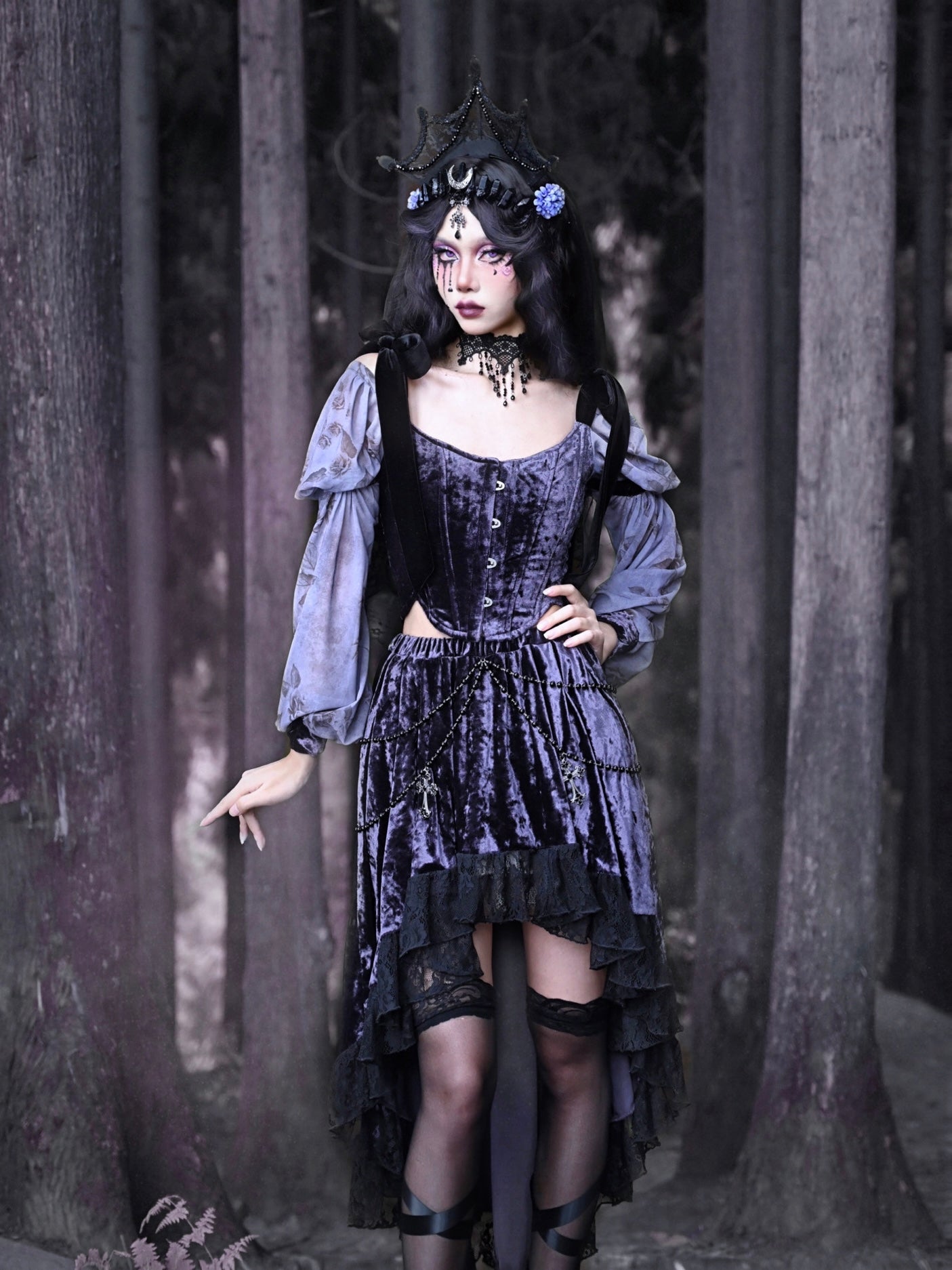 Gothic Velvet Balloon-Sleeve Shoulder-Ribbon Blouse