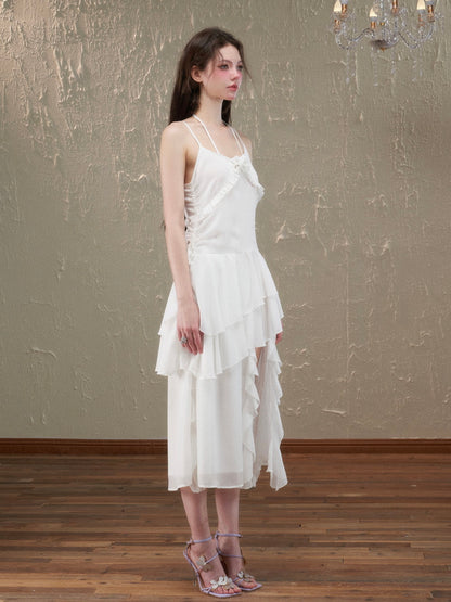 Asymmetry Ciffon Tiered Feminine Rose Long-One-Piece