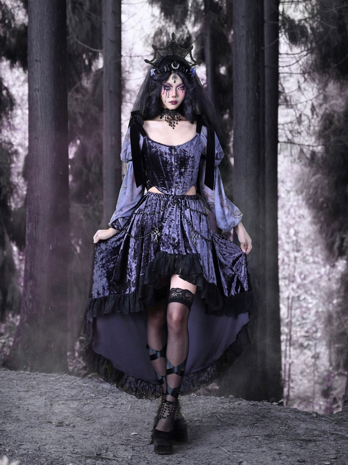 Gothic Velvet Ballon-Sleeve Showder-Ribbon Bluse