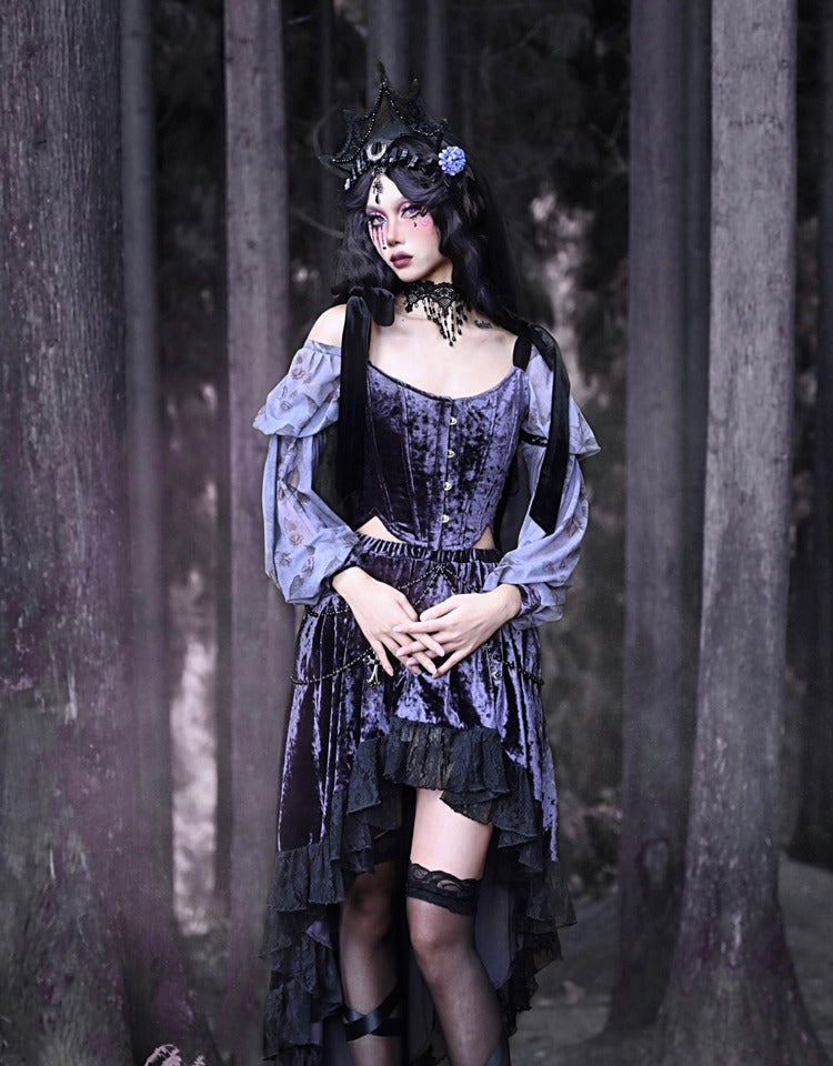 Gothic Velvet Balloon-Sleeve Shoulder-Ribbon Blouse