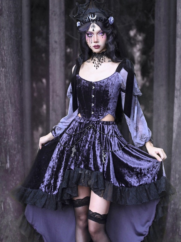 Gothic Velvet Ballon-Sleeve Showder-Ribbon Bluse