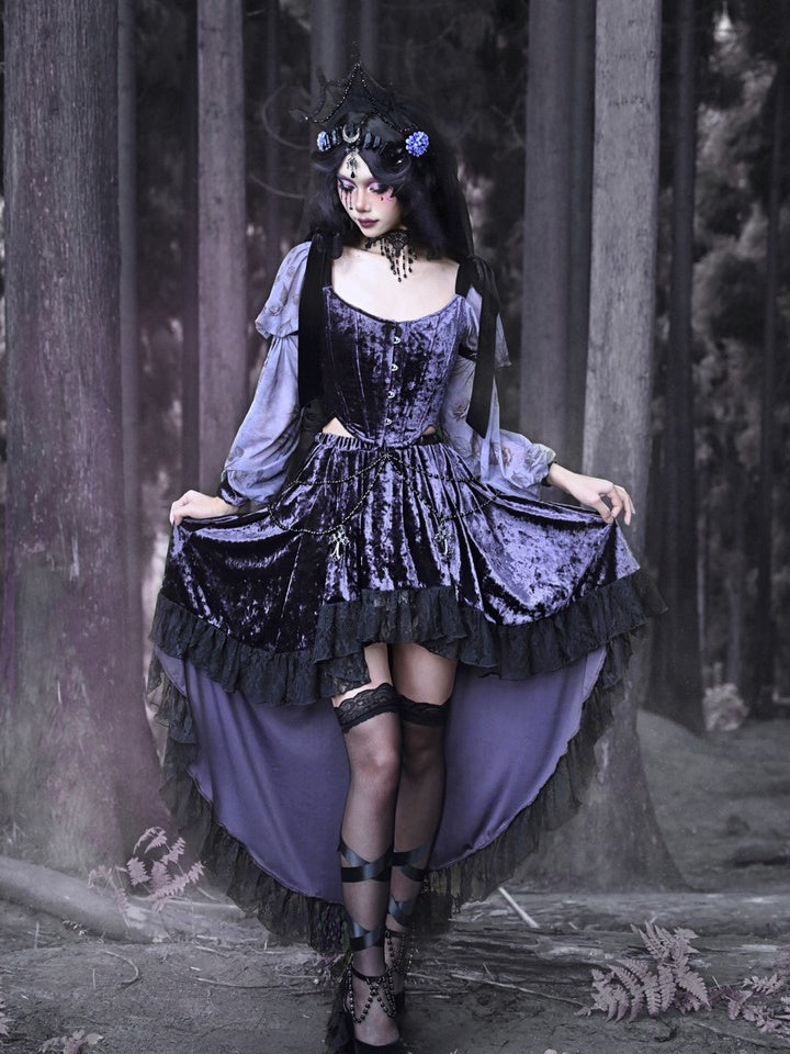 Gothic Velvet Balloon-Sleeve Shoulder-Ribbon Blouse