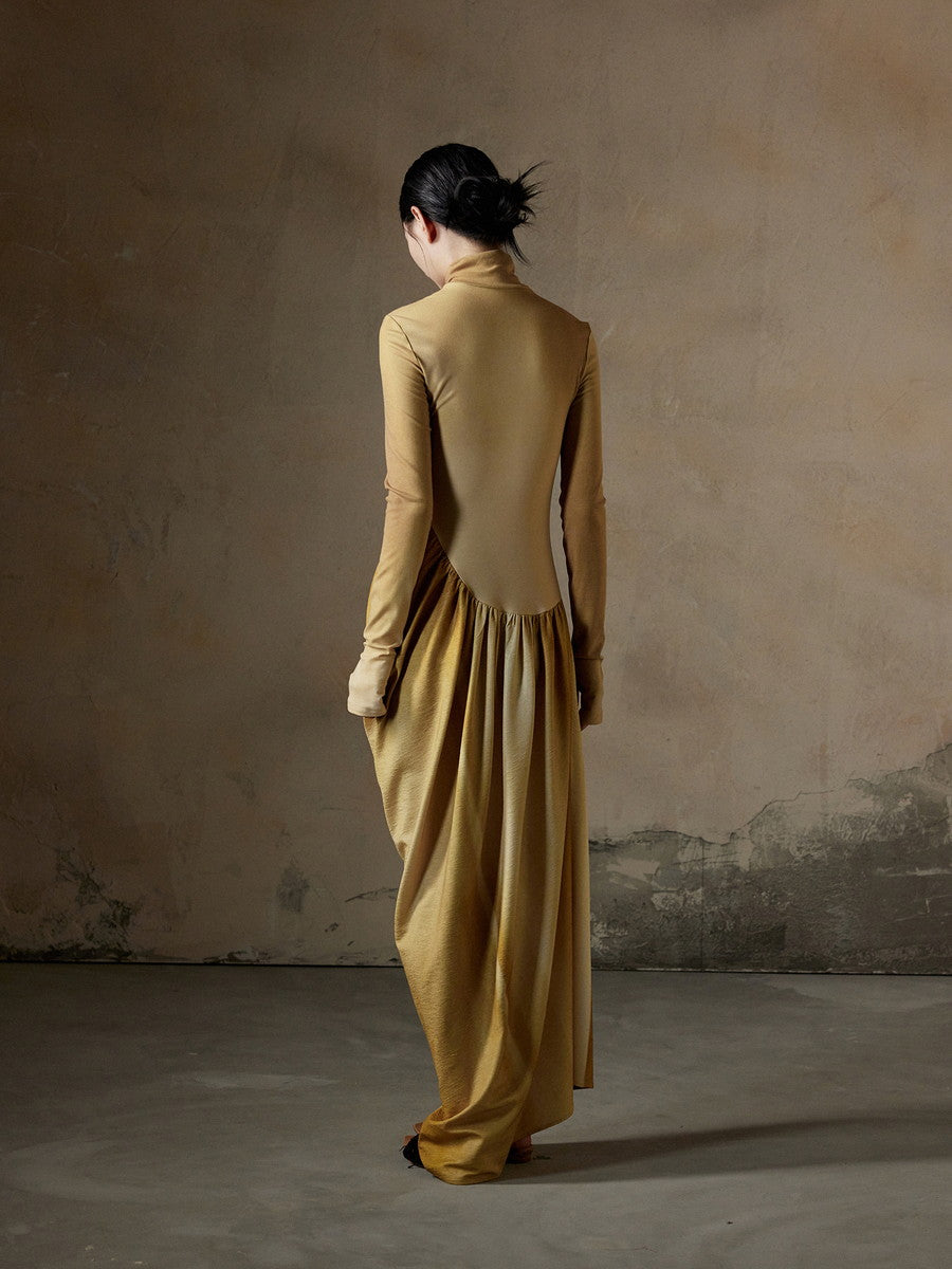 High-Neck Knit Drape Slim Thin Long Dress