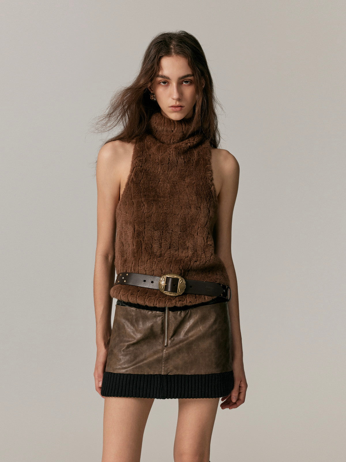 Leather&amp;Knit Nichi Trapezoid Vintage Mini-Skirt