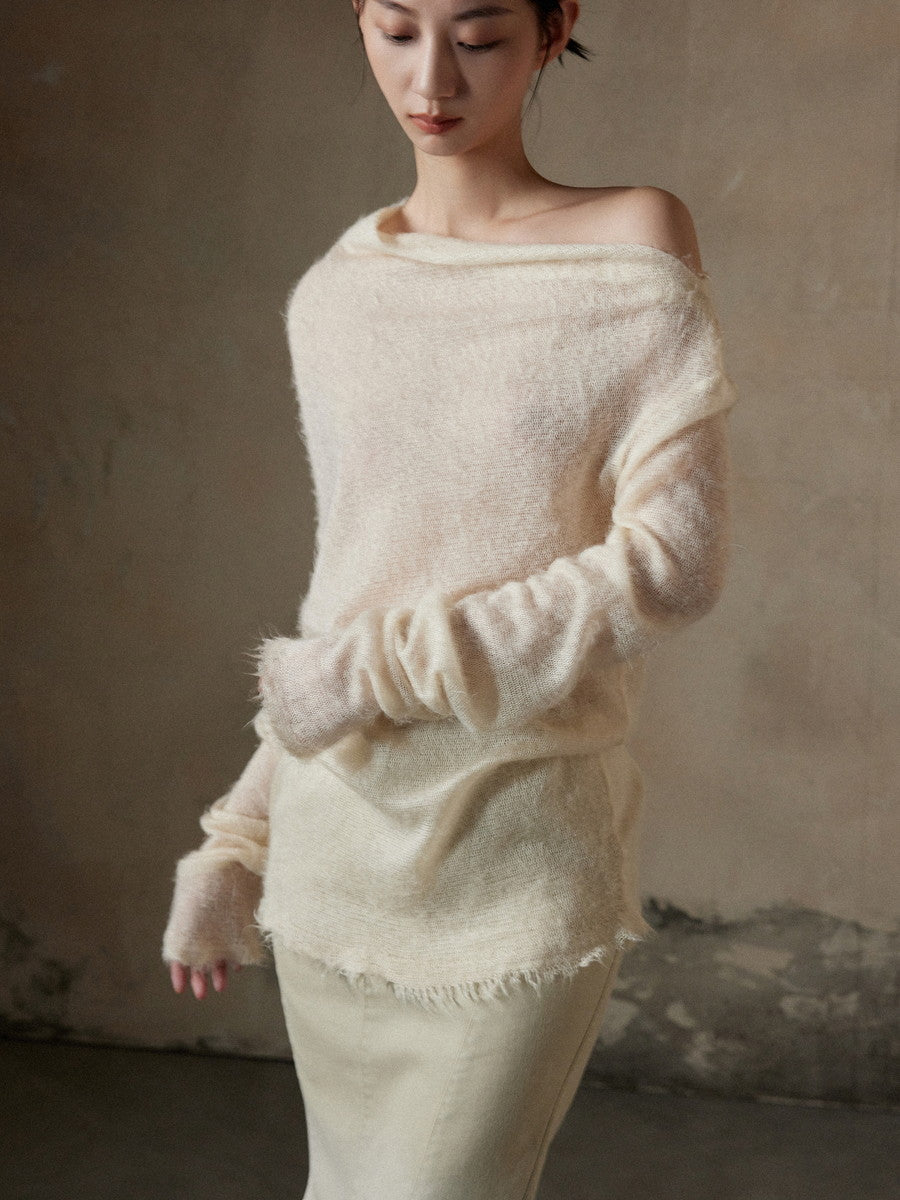 Thin Asymmetry One-Shoulder Soft Mohair-Knit