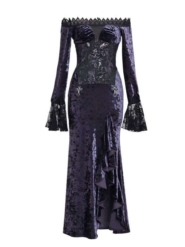 Gothic Velvet Off-Shoulder Fisf-Tail Long One-Piece