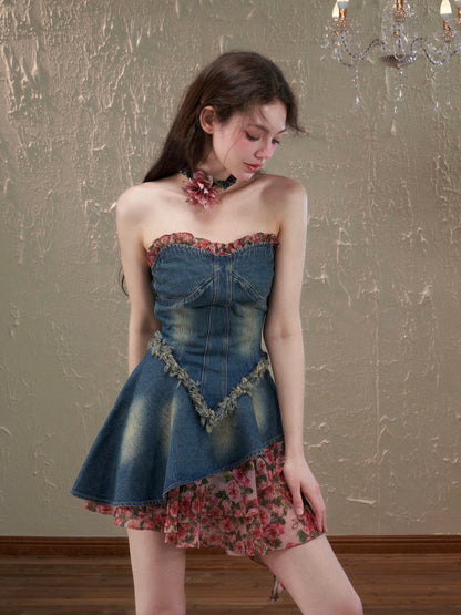 Denim Bare-Top Flower Asymmetry Coffon One-Piece