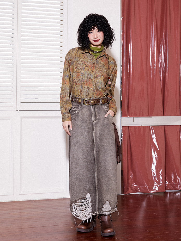 Damage Vintage Crush Long Flare Denim-Skirt