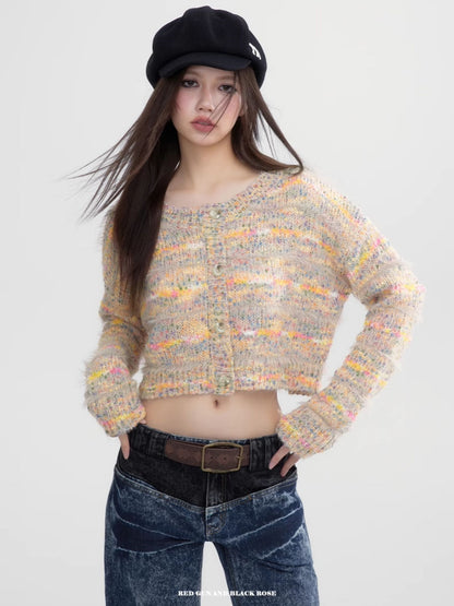 Short Knit Multi-Color Crew-Neck Retro Nichi Cardigan