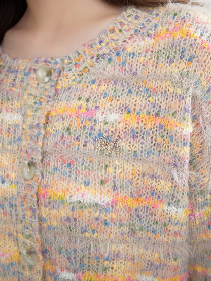 Short Knit Multi-Color Crew-Neck Retro Nichi Cardigan