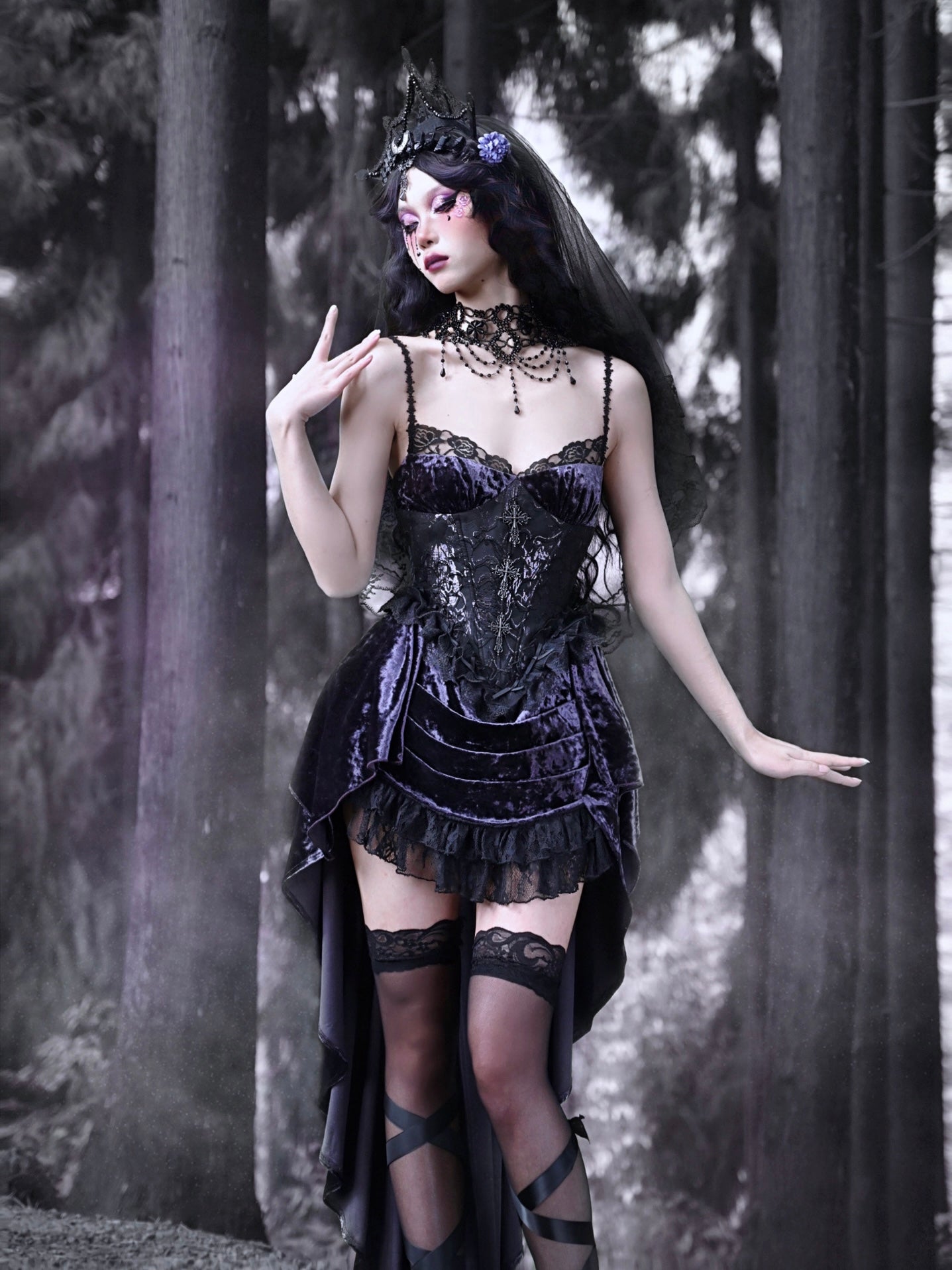 Gothic Velvet Fish-Tail Princess Lace Cross One-Piece