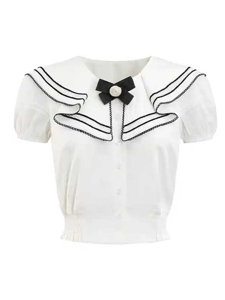 Bi-Color Ribbon Sailor-Collar Puff-Sleeve College Blouse＆Skirt