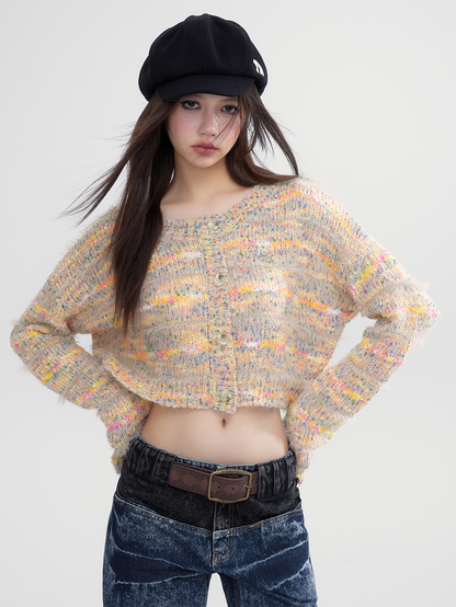 Short Knit Multi-Color Crew-Neck Retro Nichi Cardigan