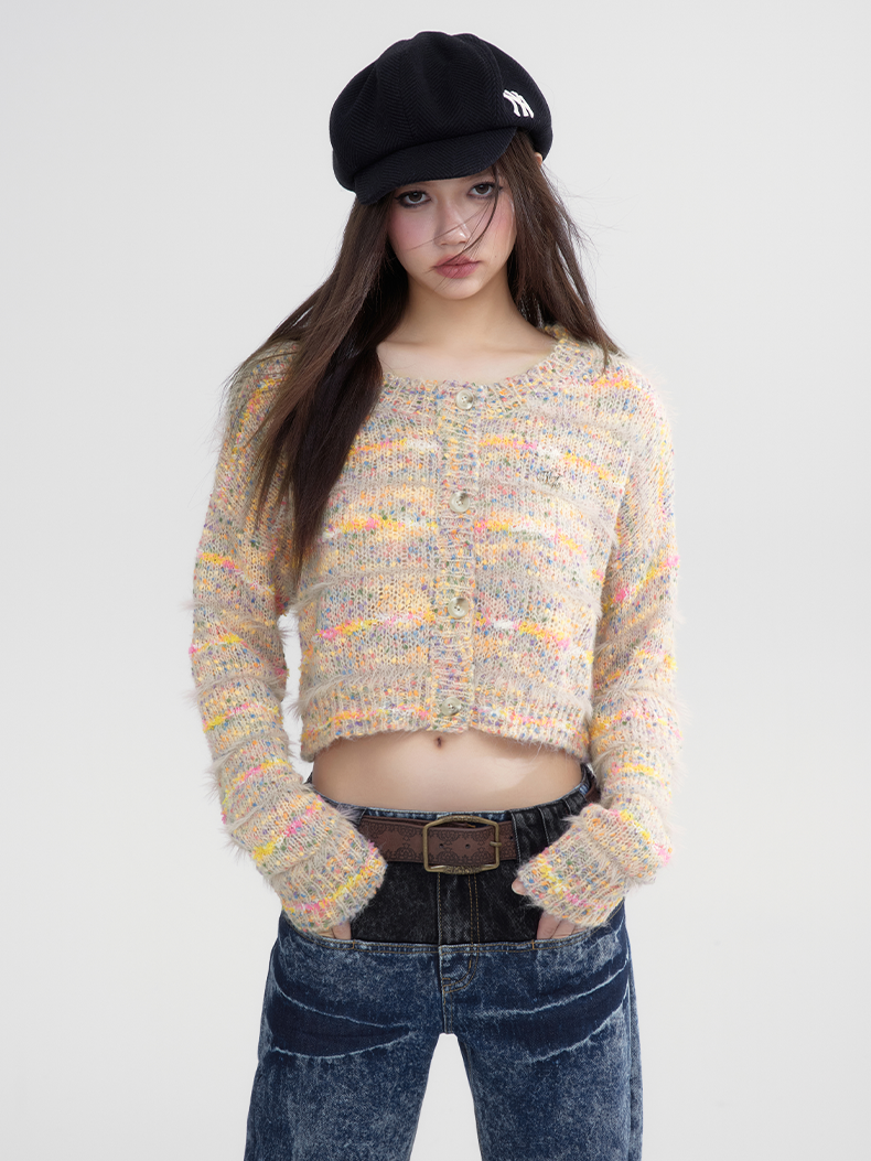 Short Knit Multi-Color Crew-Neck Retro Nichi Cardigan