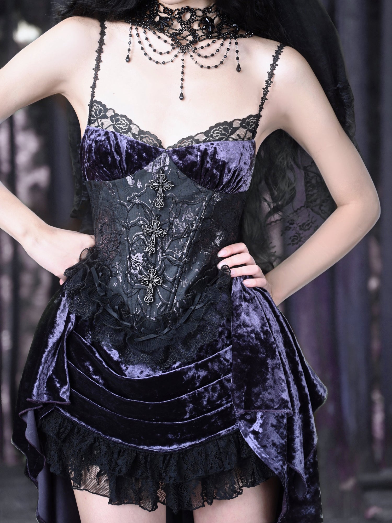 Gothic Velvet Fish-Tail Princess Lace Cross One-Piece