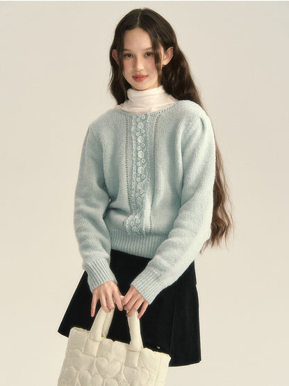 Pale-Tone Crew-Neck Flower Retro Sweet Knit