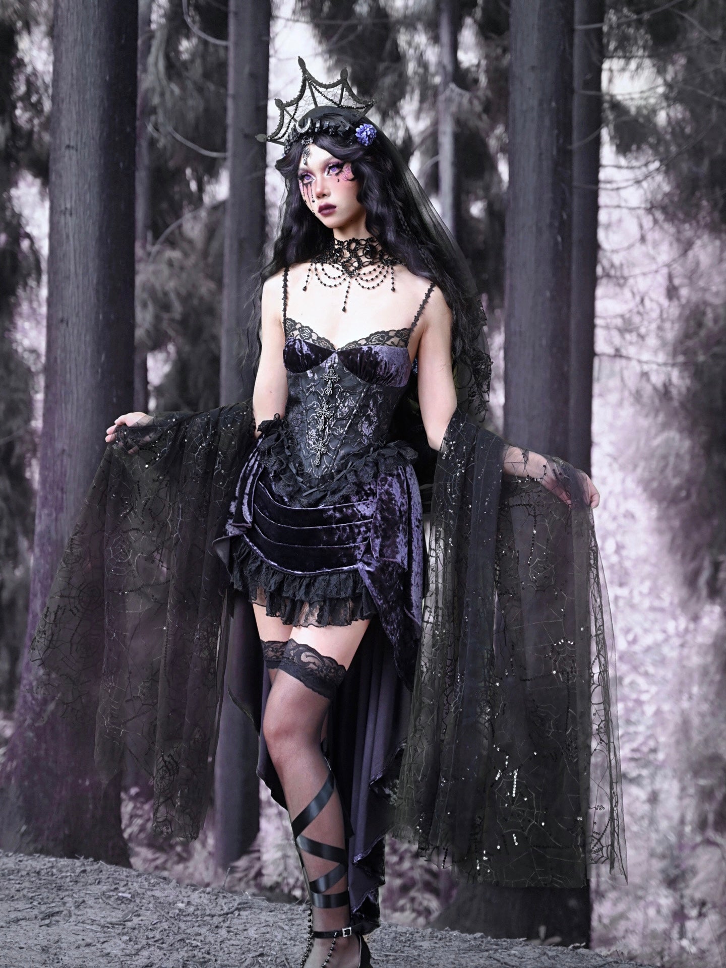 Gothic Velvet Fish-tail Princess Lace Cross One-pièce