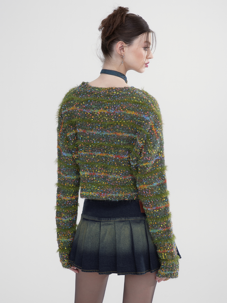 Short Knit Multi-Color Crew-Neck Retro Nichi Cardigan