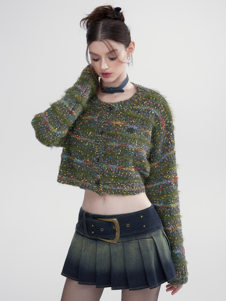 Short Knit Multi-Color Crew-Neck Retro Nichi Cardigan