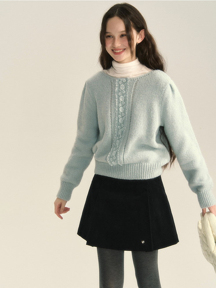 Pale-tone Crew-Hals-Blume Retro Sweet Strick