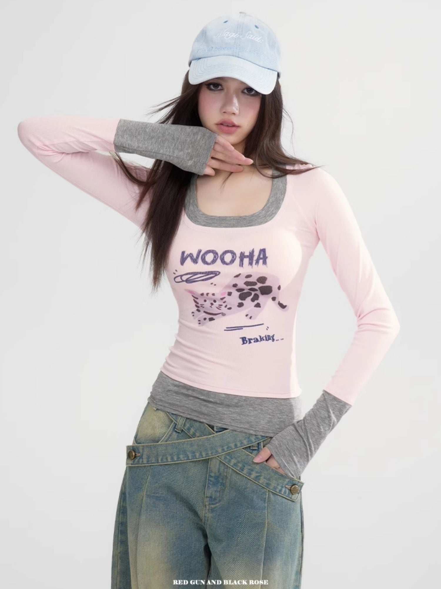 Pop Bi-Color Retro Tight Slim Casual Character Long-T-Shirt