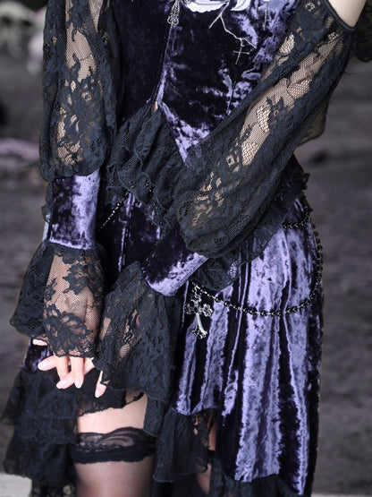 Gothic Velvet Open-Shoulder Lace Flower Blouse