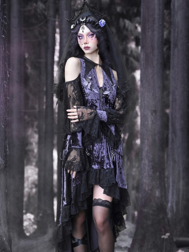 Gothic Velvet Open-Shoulder Lace Flower Blouse