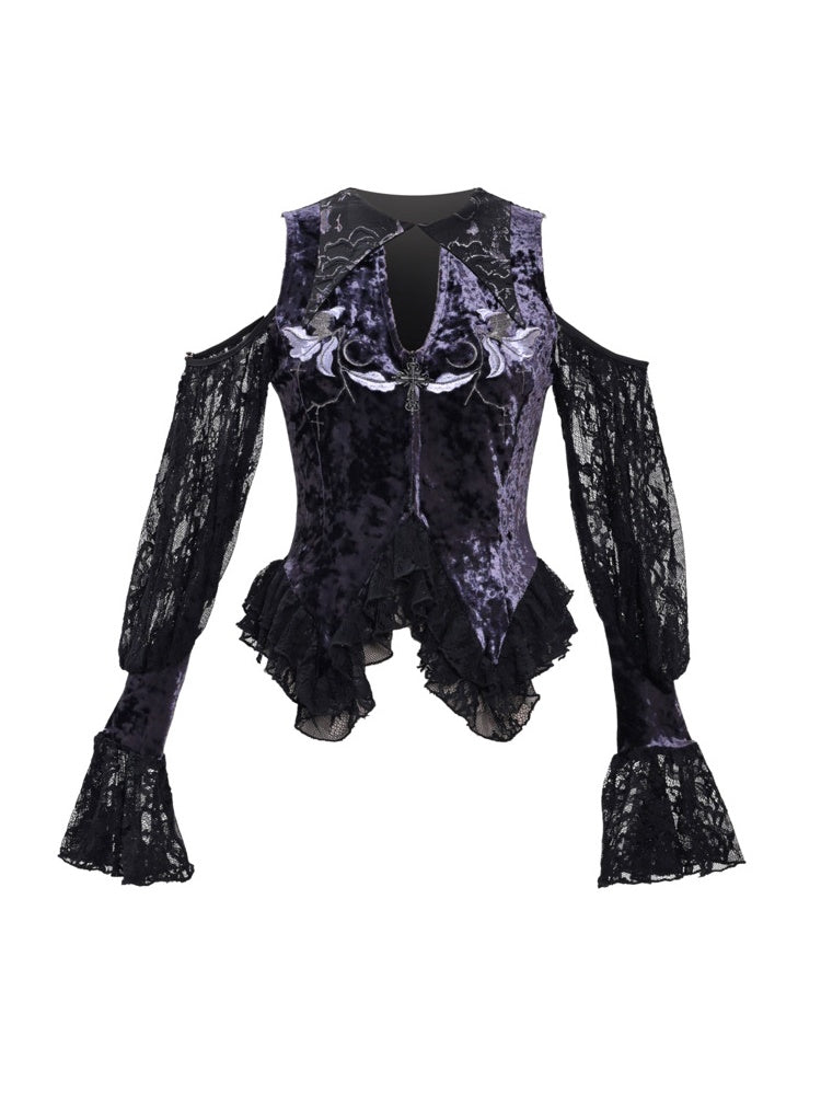 Gothic Velvet Open-Shoulder Lace Flower Blouse