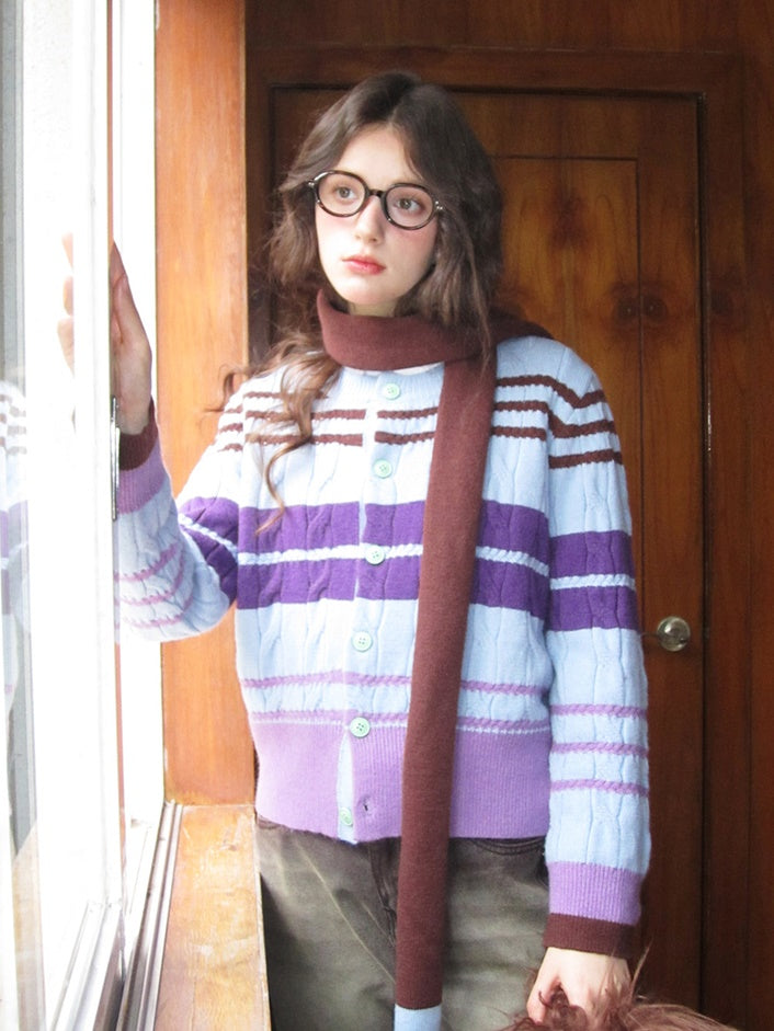 Border Colorful Cable-Knit Crew-Neck Retro Cardigan