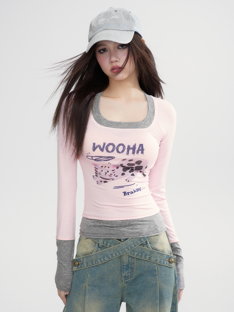 Pop Bi-Color Retro Tight Slim Casual Character Long-T-Shirt