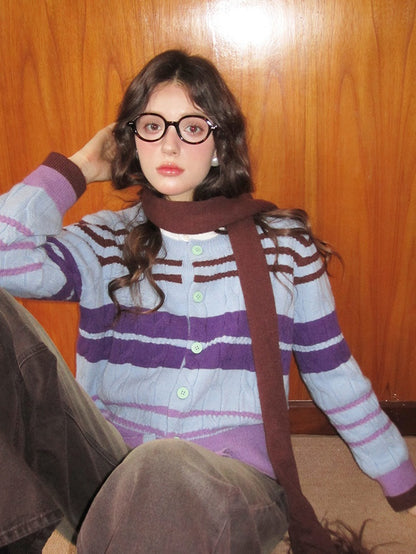 Border Colorful Cable-Knit Crew-Neck Retro Cardigan