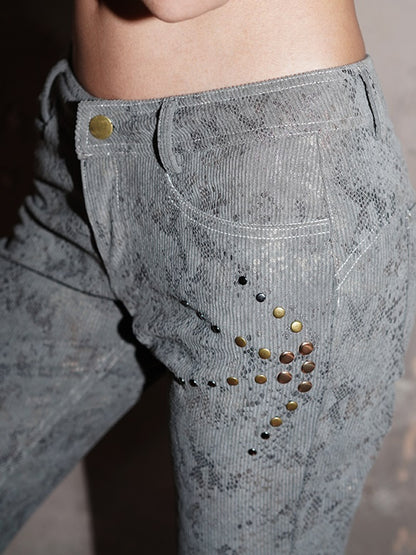 Corduroy Cropped Western Flare Studs Embroidery Pants