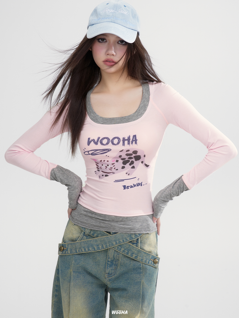 Pop Bi-Color Retro Tight Slim Casual Character Long-T-Shirt