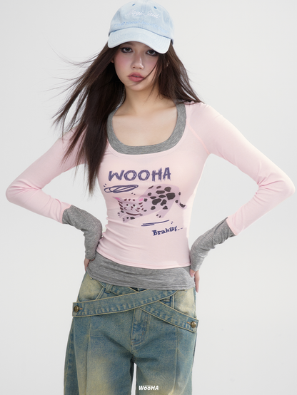 Pop Bi-Color Retro Tight Slim Casual Character Long-T-Shirt