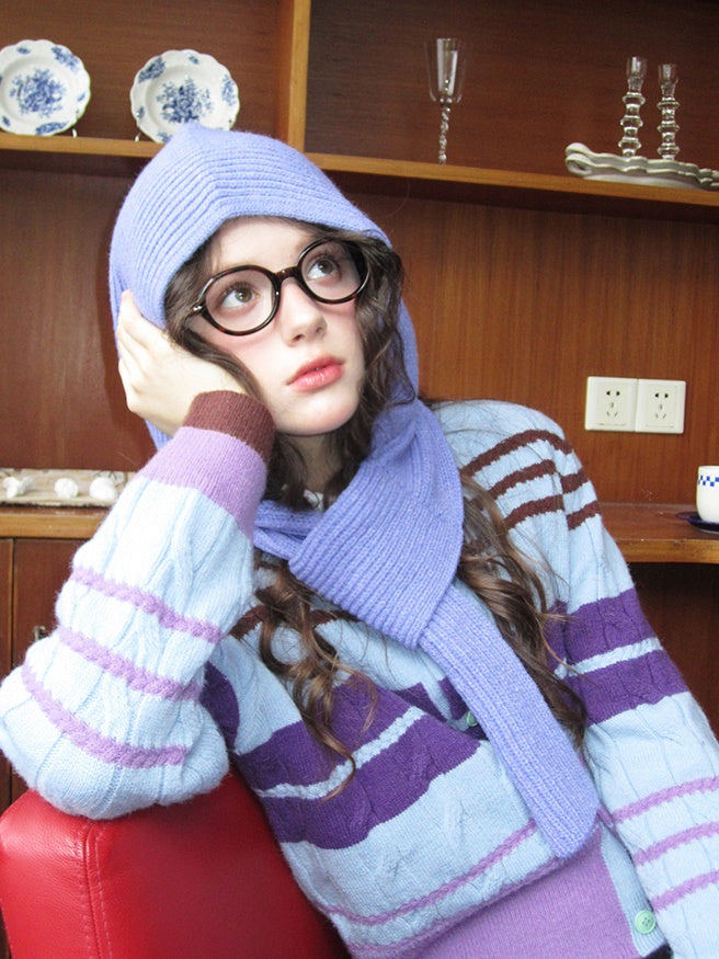 Border Colorful Cable-Knit Crew-Neck Retro Cardigan