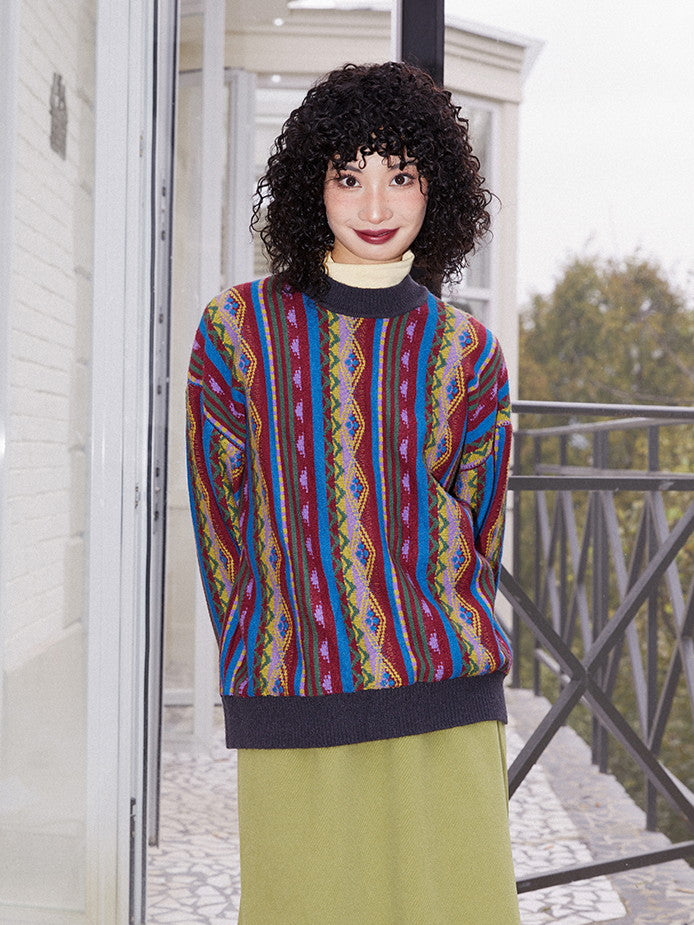 Ethnic Retro Vintage Stripe Crwe-Neck Knit