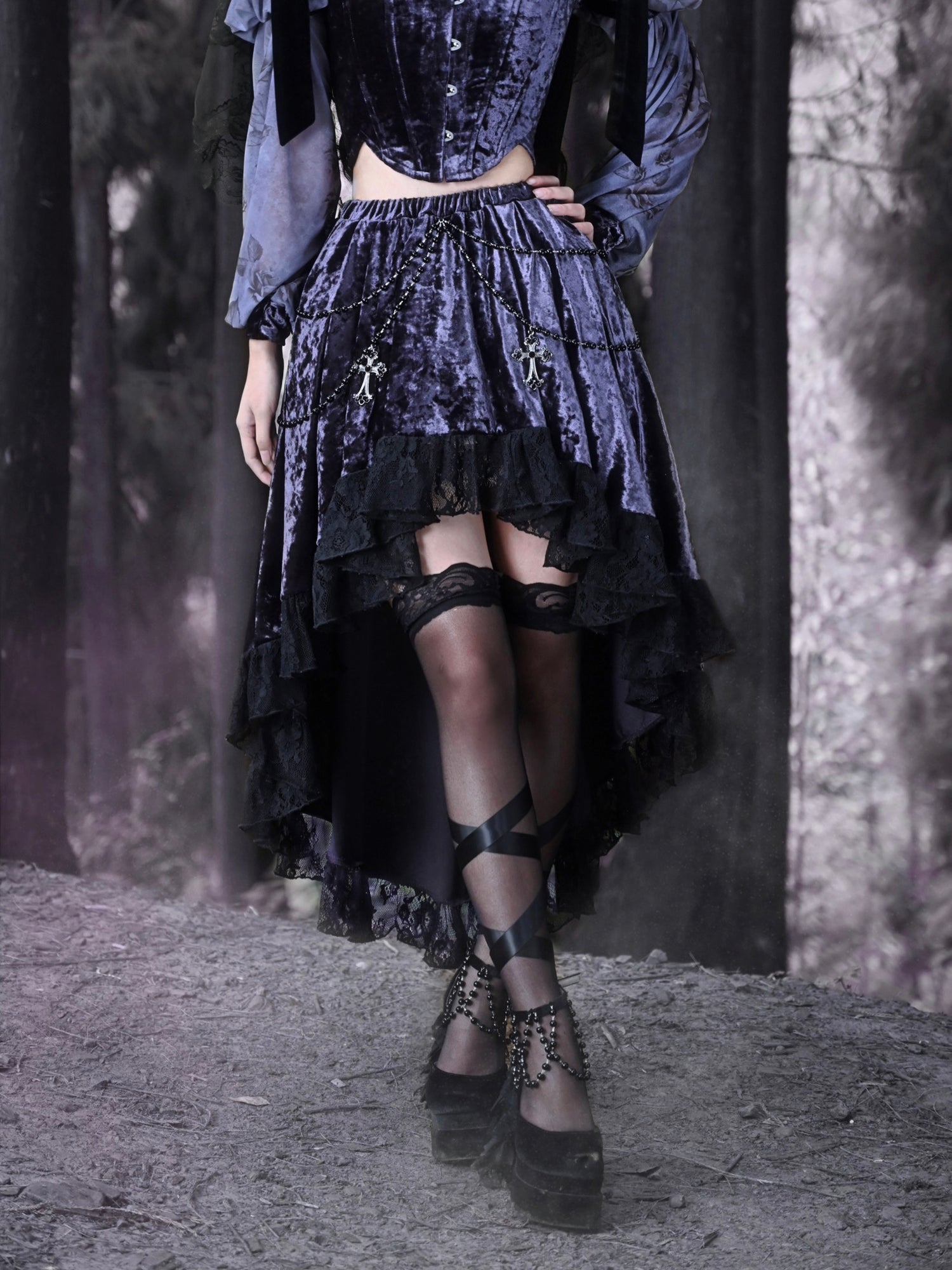 Gothic Velvet Lace Fish-Tail Cross Skirt