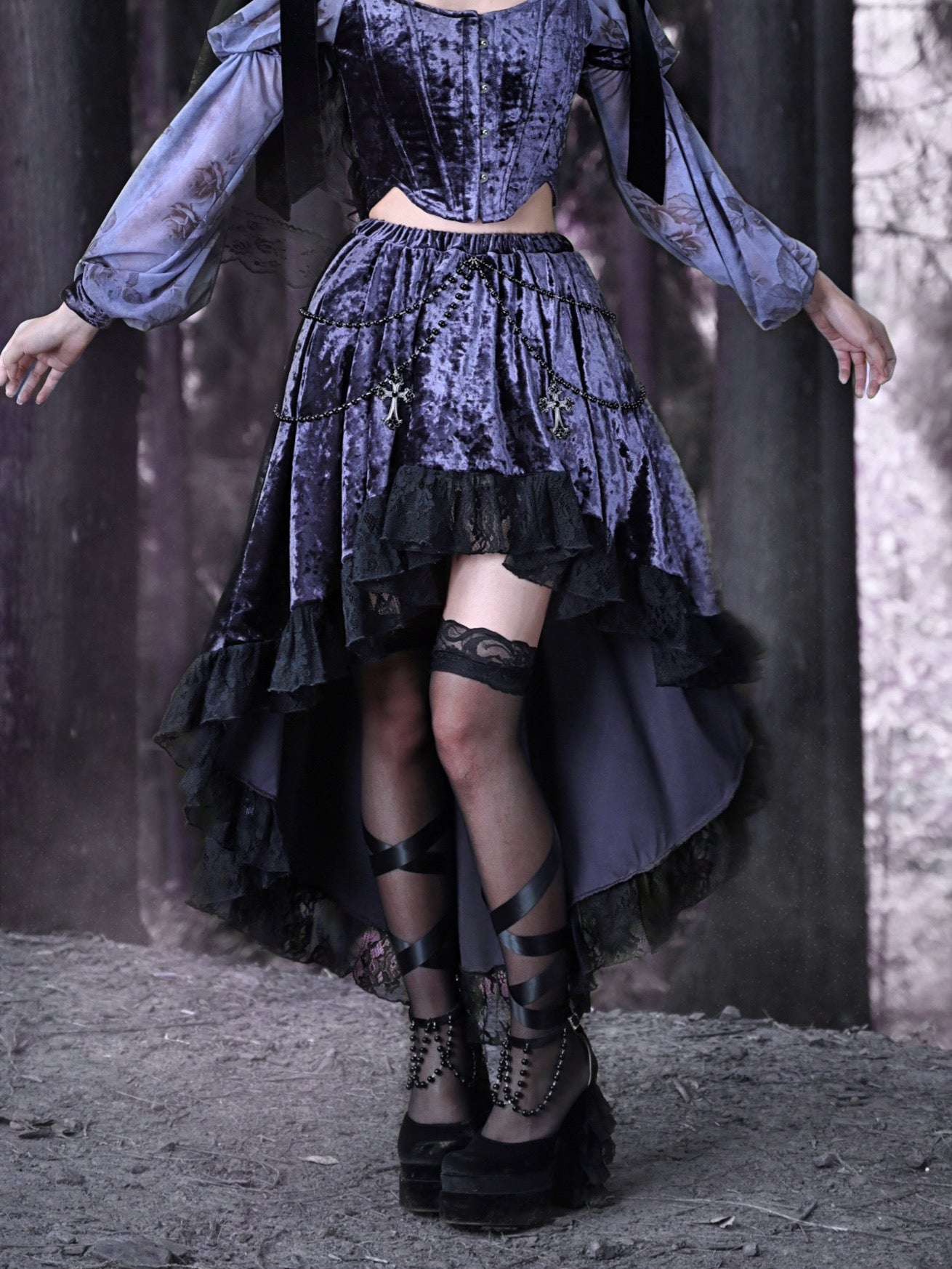 Gothic Velvet Lace Fish-Tail Cross Skirt