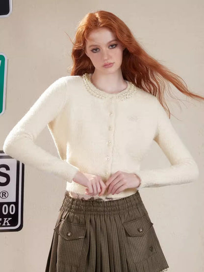 Peart Crew-Neck Short Feminine Fluffily Knit 카디건