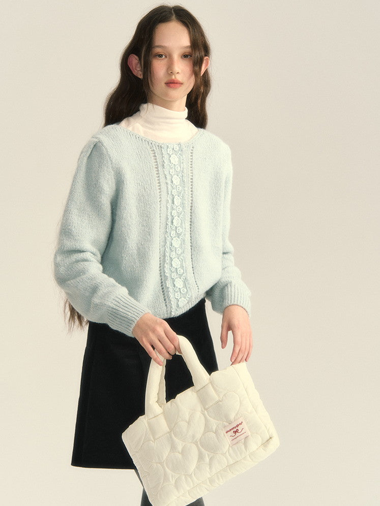 Pale-Tone Crew-Neck Flower Retro Sweet Knit