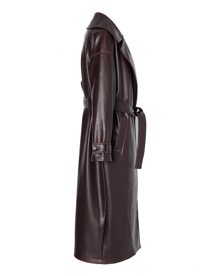 Leather Fue High-End Elegant Long-Coat