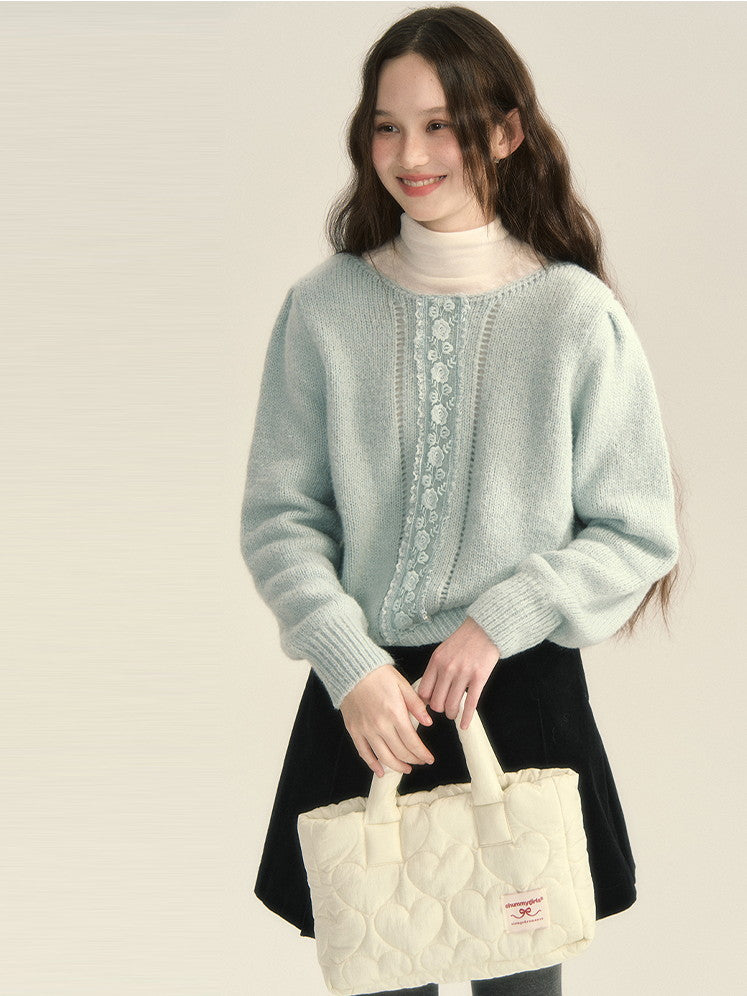 Pale-Tone Crew-Neck Flower Retro Sweet Knit